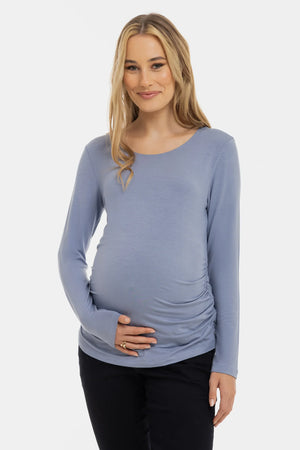 Miękka bluzka ciążowa z marszczeniami z modalu – niebieska
