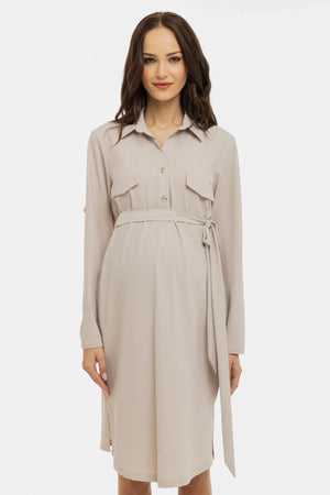 Еластична рокля с яка за бременни и кърмещи - бежова