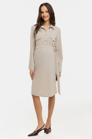Еластична рокля с яка за бременни и кърмещи - бежова