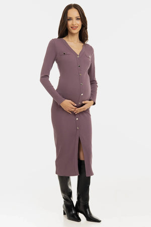 Bawełniana prążkowana sukienka ciążowa i do karmienia – pudrowego różu