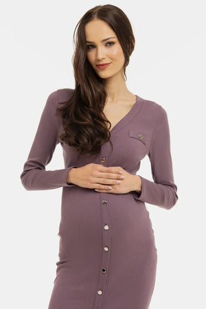 Bawełniana prążkowana sukienka ciążowa i do karmienia – pudrowego różu