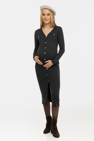 Dzianinowa sukienka ciążowa i do karmienia z guzikami – antracyt