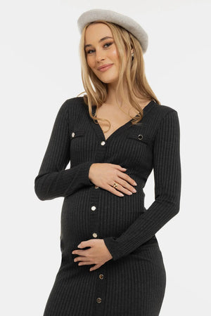 Dzianinowa sukienka ciążowa i do karmienia z guzikami – antracyt