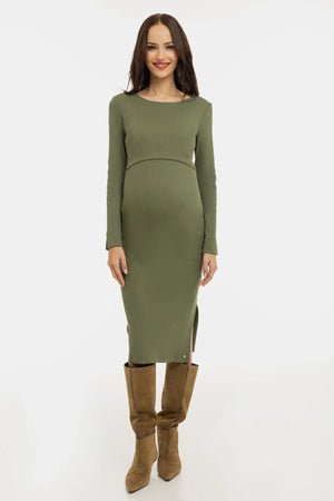 Prążkowana bawełniana sukienka ciążowa i do karmienia - oliwkowa zieleń