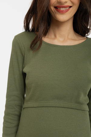 Prążkowana bawełniana sukienka ciążowa i do karmienia - oliwkowa zieleń