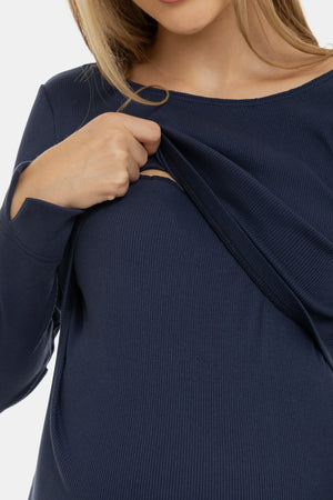 Granatowa prążkowana sukienka ciążowa i do karmienia