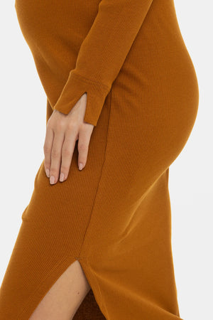 Prążkowana bawełniana sukienka ciążowa i do karmienia - karmel