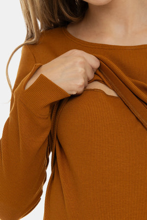 Prążkowana bawełniana sukienka ciążowa i do karmienia - karmel