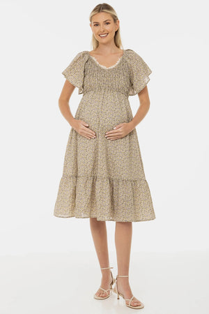 Bawełniana sukienka ciążowa w stylu boho z koronkowym dekoltem