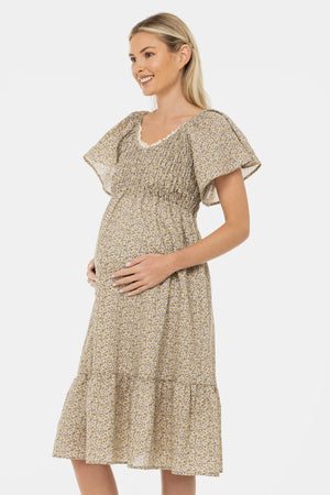 Bawełniana sukienka ciążowa w stylu boho z koronkowym dekoltem