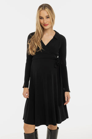 Zwiewna sukienka ciążowa i do karmienia z kopertowym przodem – czarna