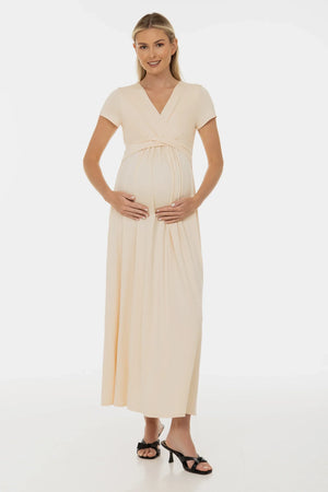 Sukienka ciążowa i do karmienia z ozdobnym paskiem – szampański