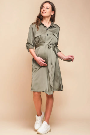 Satynowa sukienka z kołnierzykiem ciążowa i do karmienia