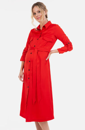 Długa satynowa sukienka ciążowa i do karmienia - cherwona