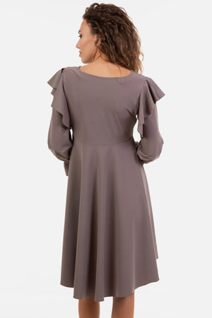 Zwiewna sukienka ciążowa i do karmienia z długim rękawem - mokka