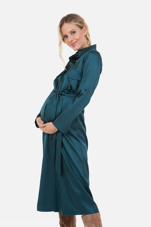 Długa satynowa sukienka ciążowa i do karmienia - ciemna zieleń