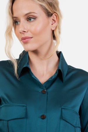 Długa satynowa sukienka ciążowa i do karmienia - ciemna zieleń