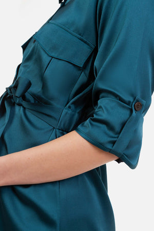 Długa satynowa sukienka ciążowa i do karmienia - ciemna zieleń