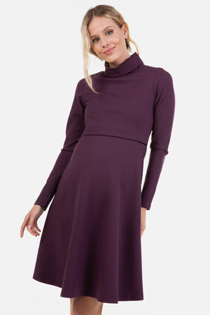 Rozkloszowana sukienka ciążowa i do karmienia z golfem - bordowa