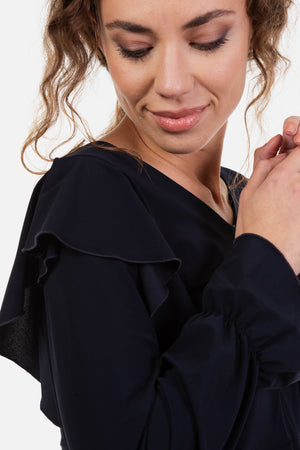 Zwiewna sukienka ciążowa i do karmienia z długim rękawem – granatowa