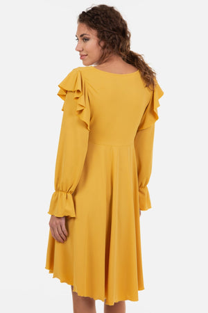 Zwiewna sukienka ciążowa i do karmienia z długimi rękawami – ochra