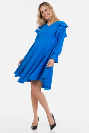 Zwiewna sukienka ciążowa i do karmienia z długim rękawem - niebieska