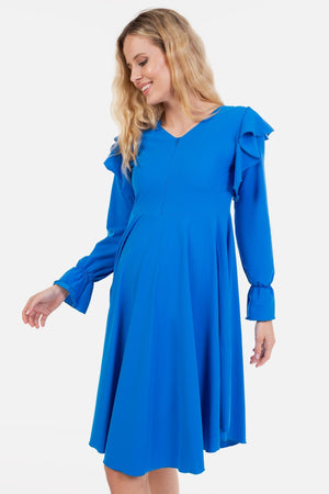 Zwiewna sukienka ciążowa i do karmienia z długim rękawem - niebieska