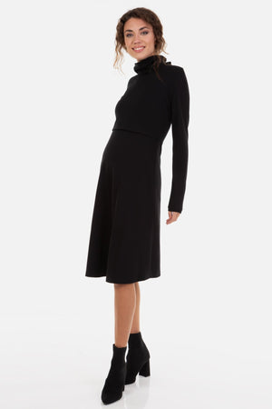 Rozkloszowana sukienka ciążowa i do karmienia z golfem - czarna