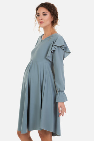 Zwiewna sukienka ciążowa i do karmienia – szaro-niebieska