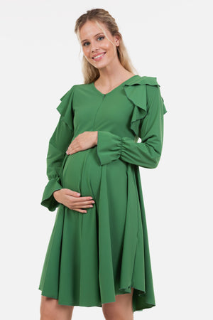 Zwiewna sukienka ciążowa i do karmienia z długim rękawem - zielona