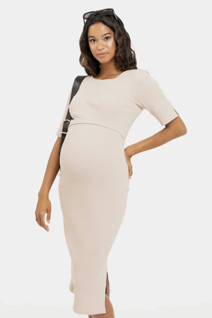 Bawełniana prążkowana sukienka ciążowa i do karmienia – beżowa