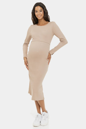 Długa bawełniana sukienka ciążowa i do karmienia – pudrowy róż