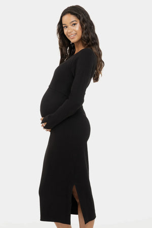 Prążkowana bawełniana sukienka ciążowa i do karmienia - czarna