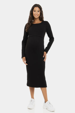 Prążkowana bawełniana sukienka ciążowa i do karmienia - czarna