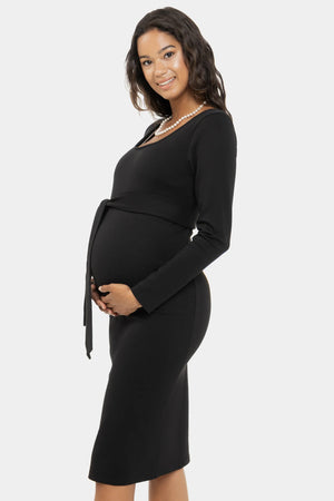 Elegancka długa sukienka ciążowa z szerokim paskiem - czarny