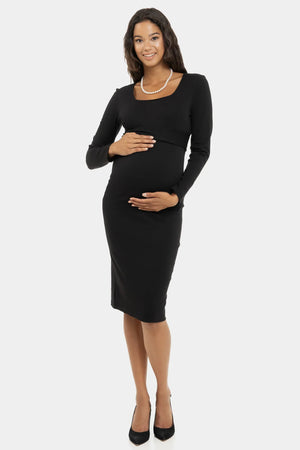 Elegancka długa sukienka ciążowa z szerokim paskiem - czarny