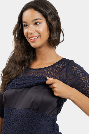 Elegancka ciążowa sukienka z koronką i do karmienia