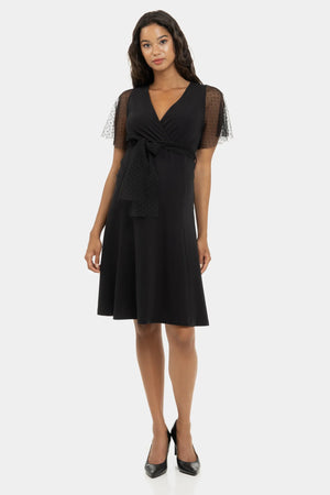 Elegancka czarna sukienka ciążowa i do karmienia w kropki