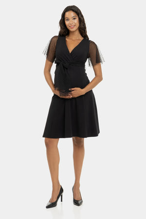 Elegancka czarna sukienka ciążowa i do karmienia w kropki