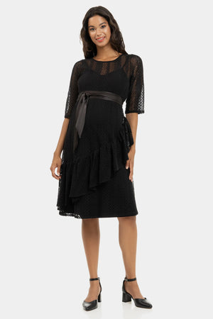 Elegancka długa koronkowa sukienka ciążowa - czarna