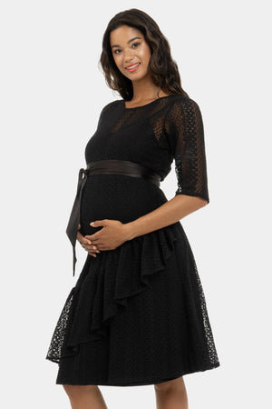Elegancka długa koronkowa sukienka ciążowa - czarna