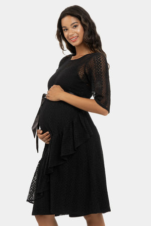 Elegancka długa koronkowa sukienka ciążowa - czarna