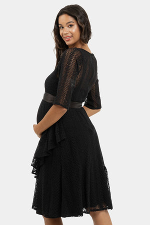 Elegancka długa koronkowa sukienka ciążowa - czarna