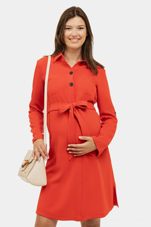 Sukienka koszulowa ciążowa i do karmienia z fakturowanego materiału – czerwonaszara