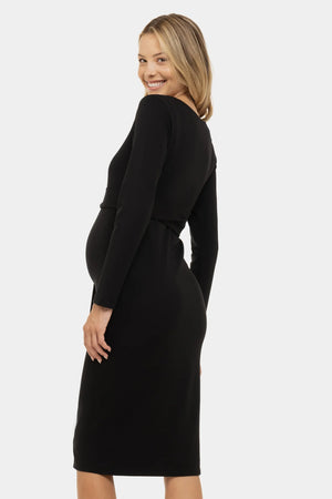 Elegancka długa sukienka ciążowa z szerokim paskiem - czarny