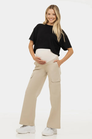 Szerokie beżowe bawełniane spodnie ciążowe
