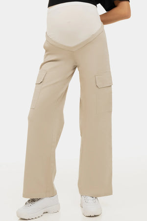 Szerokie beżowe bawełniane spodnie ciążowe