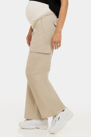 Szerokie beżowe bawełniane spodnie ciążowe