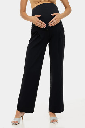 Rozkloszowane elastyczne spodnie ciążowe z zakładkami – granatowe