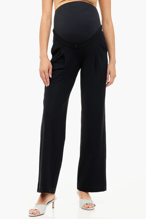 Rozkloszowane elastyczne spodnie ciążowe z zakładkami – granatowe